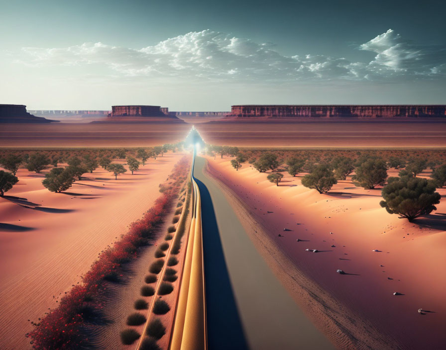 Desert road with sand dunes and vegetation under cloudy sky