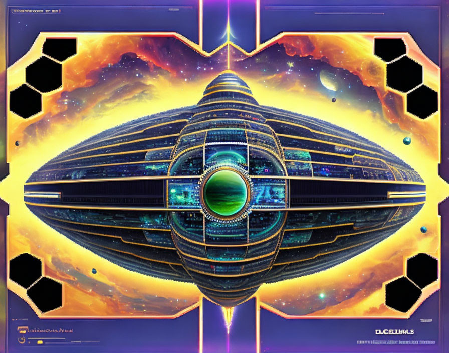 Futuristic symmetrical spaceship in vibrant neon colors