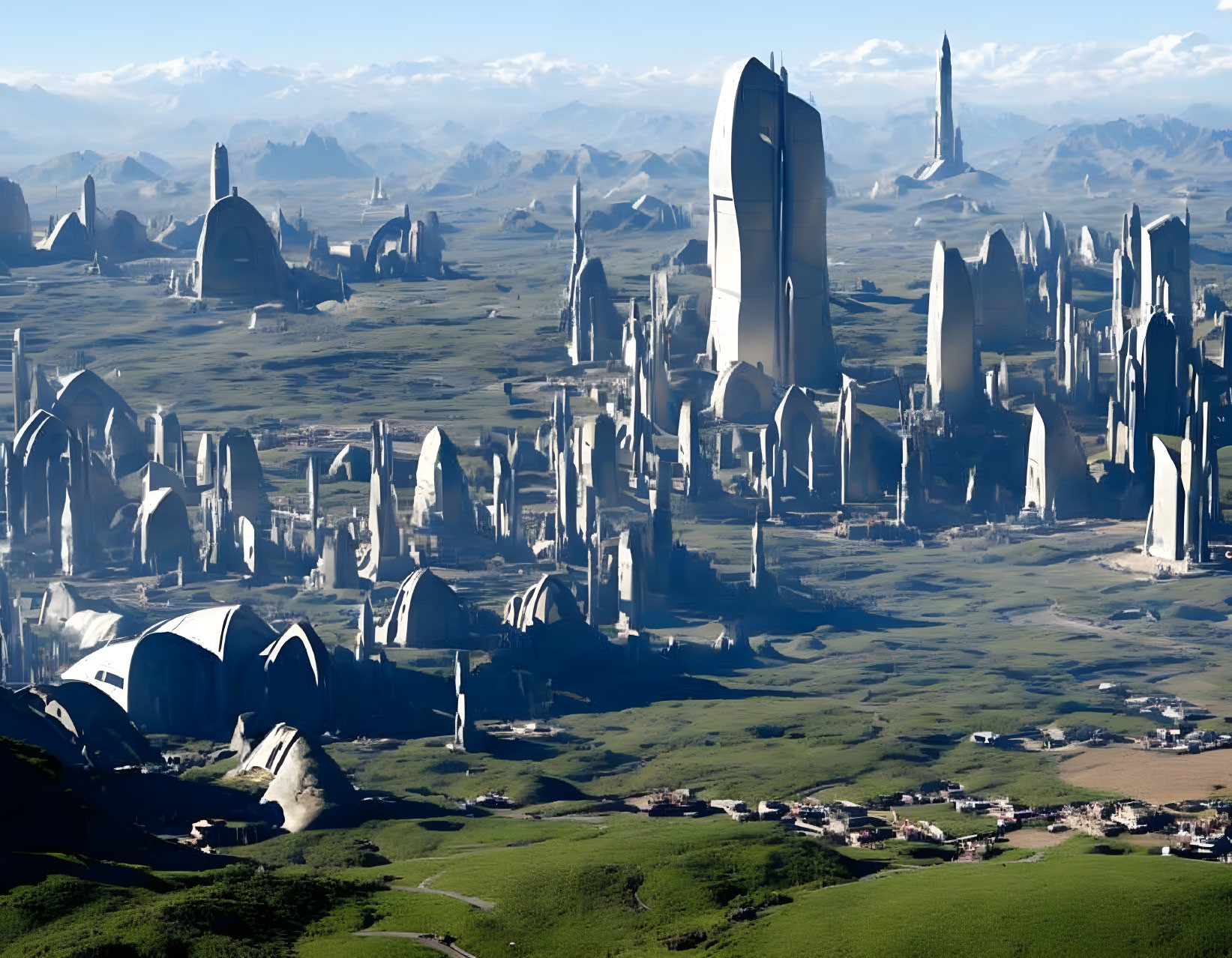 Futuristic cityscape with diverse skyscrapers on green hills