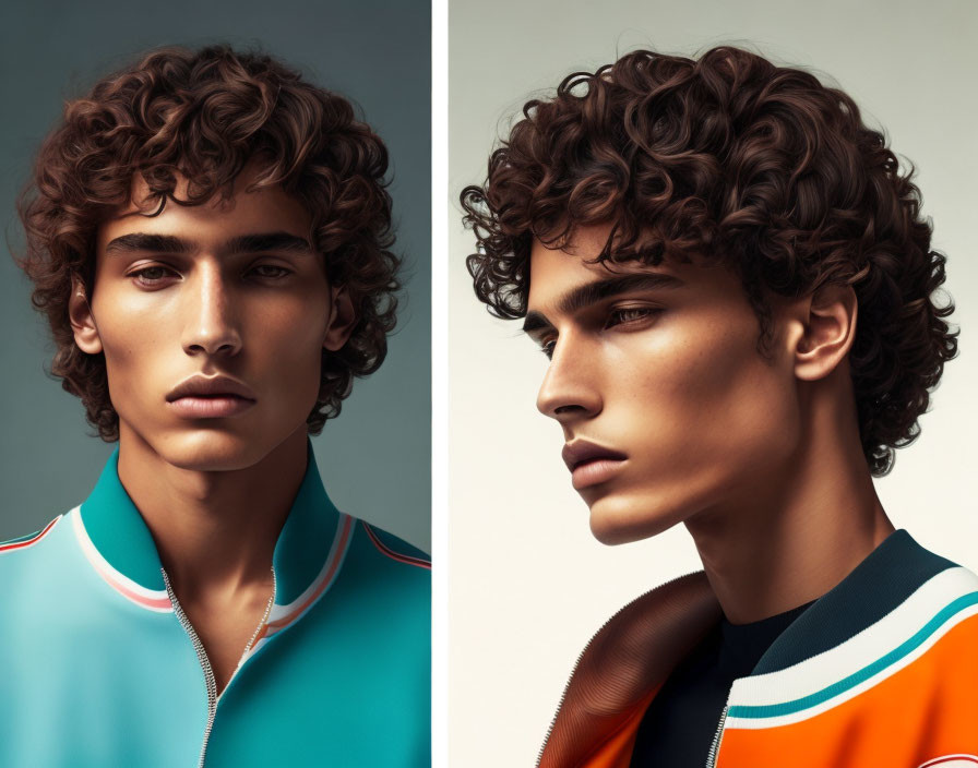 Dual portraits of young man with curly hair in sporty jacket on neutral background