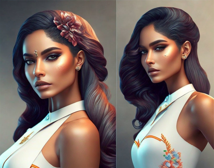 Digital artwork: Woman with striking makeup and floral hairpiece in side profile and frontal view on soft background