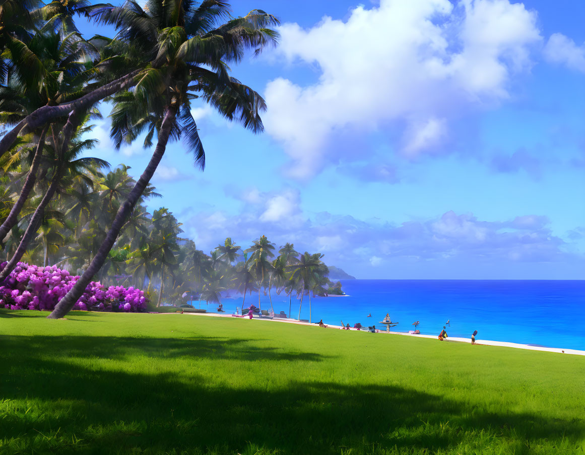 Tropical beach scene with palm trees, flowers, and people on sandy shore