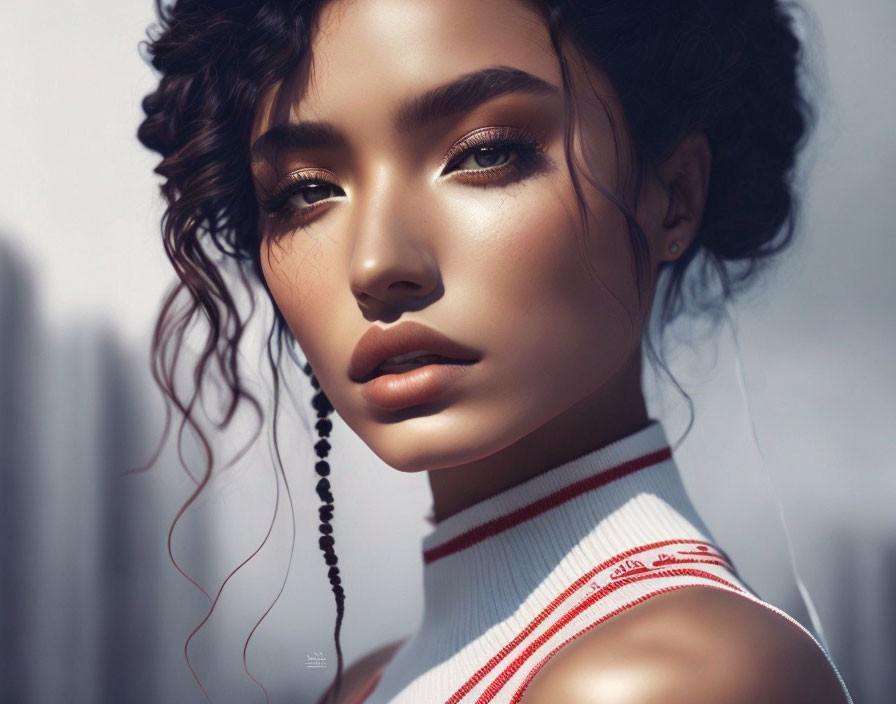 Digital portrait of woman with curly hair, subtle makeup, and sporty white top with red stripes