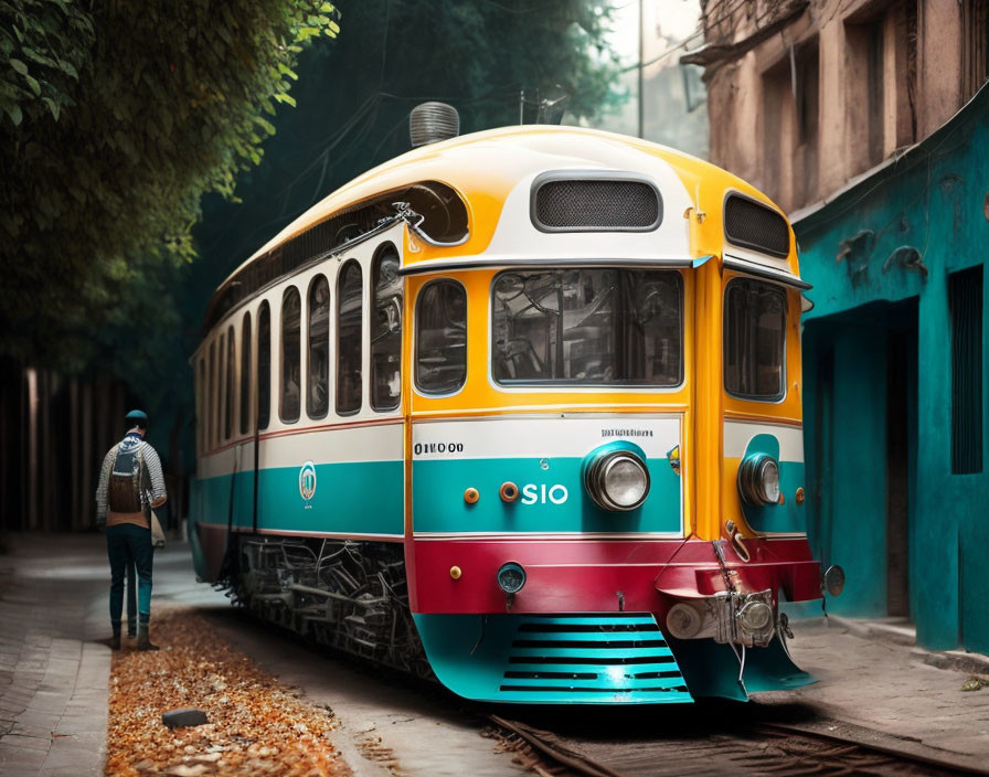 Vintage tram on tracks with lone person in atmospheric setting