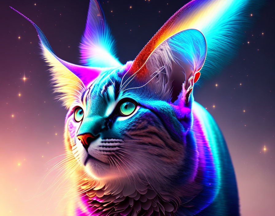 Colorful Digital Artwork: Cat with Luminescent Fur in Cosmic Setting