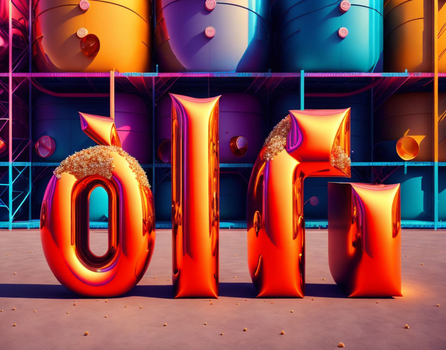 Metallic Orange 3D Rendered "OIL" Letters with Glossy Finish Among Colorful