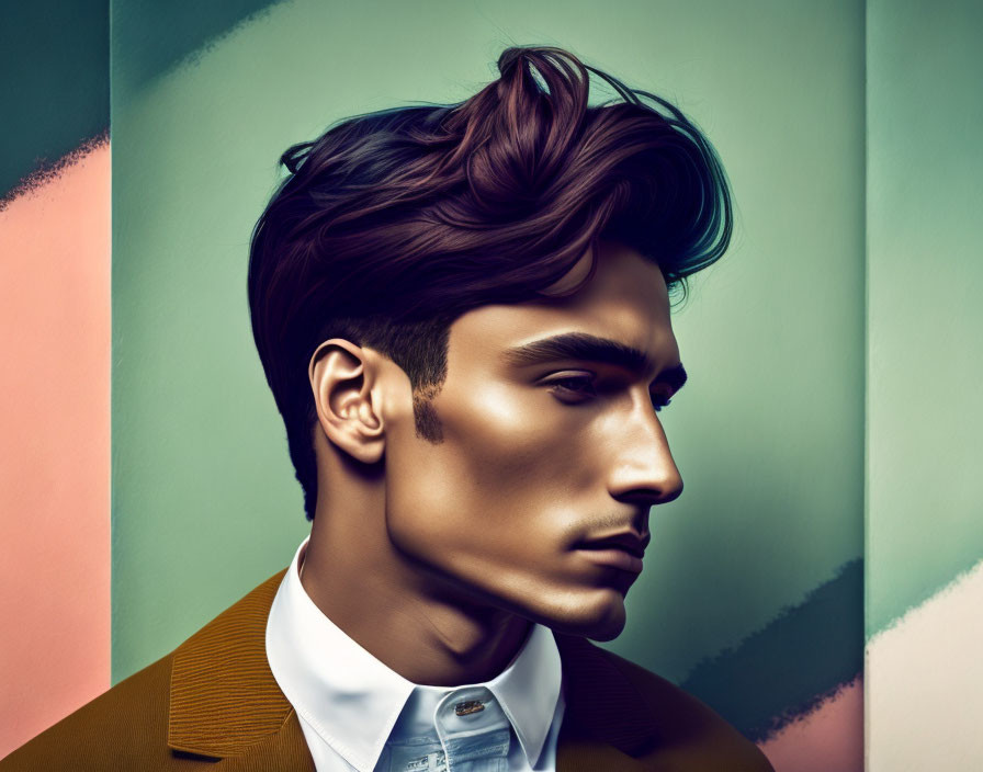 Stylish man with prominent hairstyle in colorful abstract setting