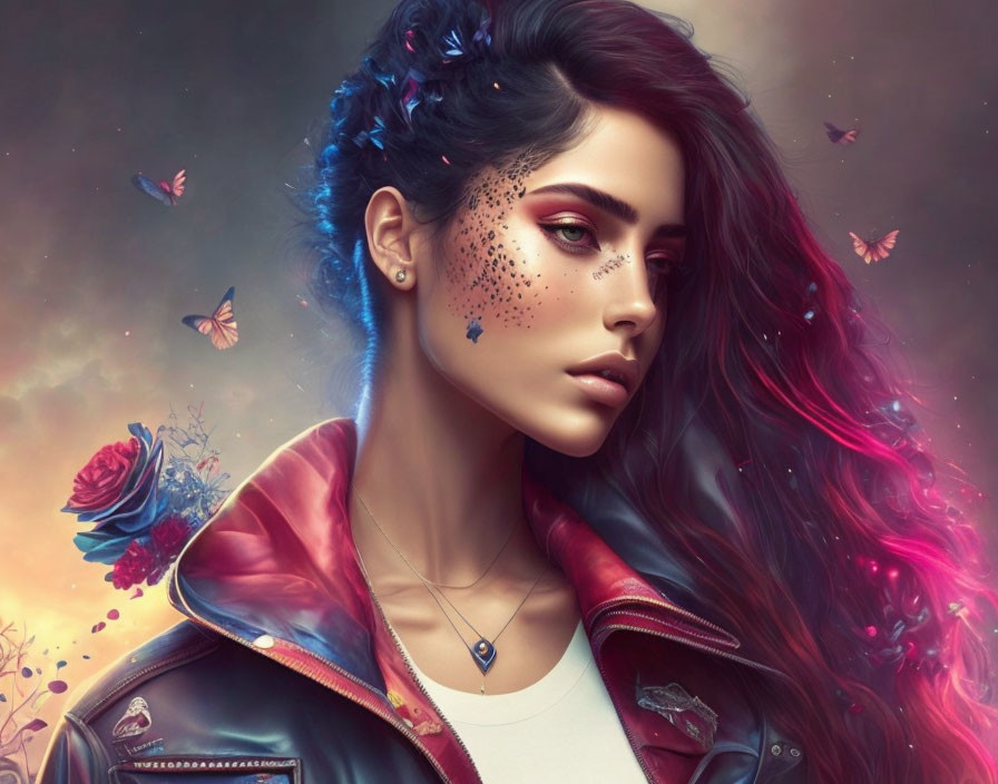 Digital artwork featuring woman with dark hair, blue and pink accents, butterfly motifs, and leather jacket.