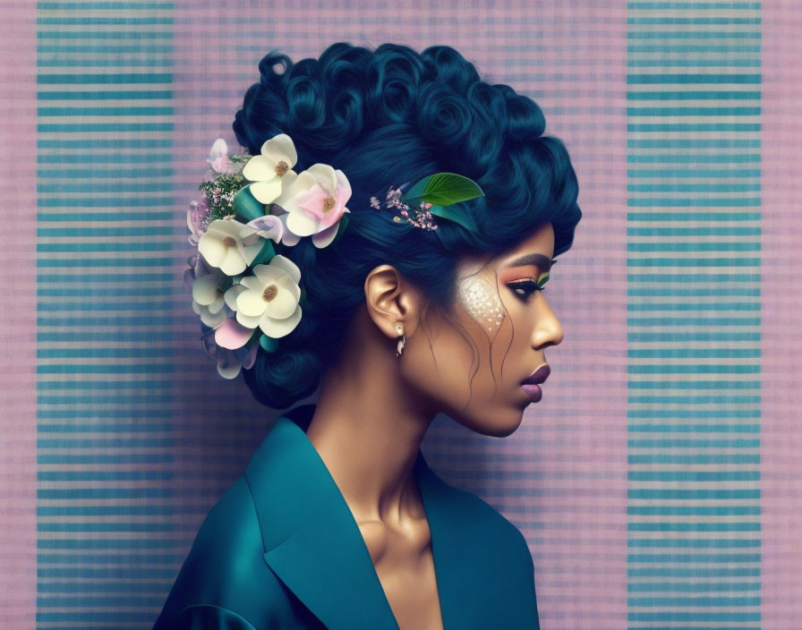 Detailed illustration of woman with elaborate updo and floral hair accessories on striped backdrop