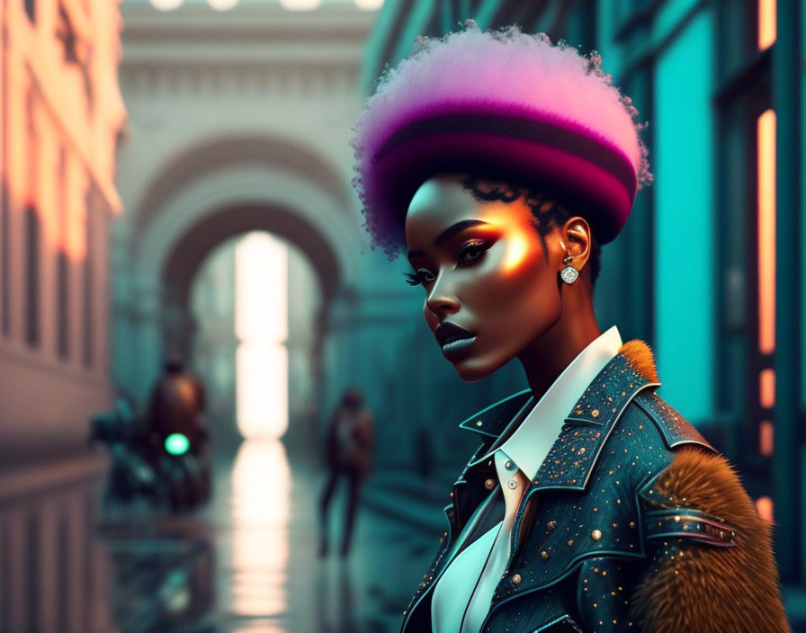 Stylized digital art: Glowing skin, purple afro, futuristic urban scene