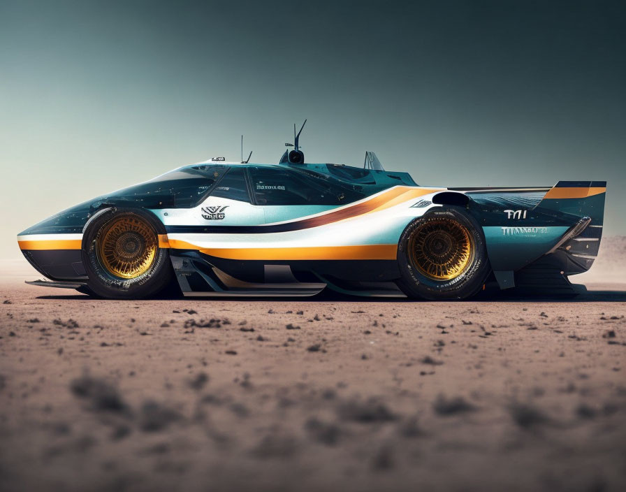 Futuristic racing car with blue and orange livery on sandy terrain