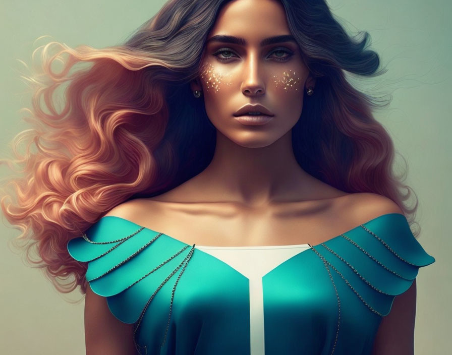 Illustrated Woman with Ombré Hair, Intense Gaze, Glowing Skin, and Te