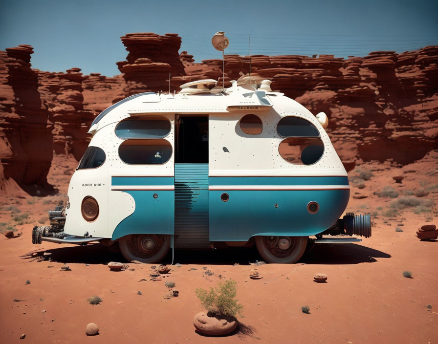 Blue and White Retro-Futuristic Caravan in Desert Landscape