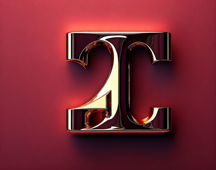 Shiny gold accents on red 3D letter E in metallic style