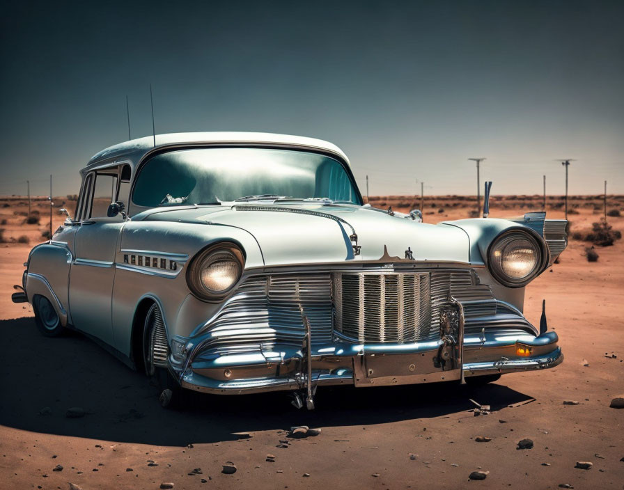 Vintage Silver Car Parked in Desert Setting