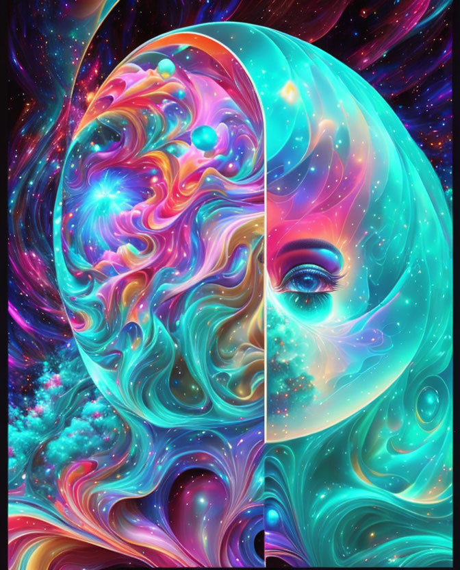 Colorful psychedelic human face with cosmic swirls in pink, blue, and purple