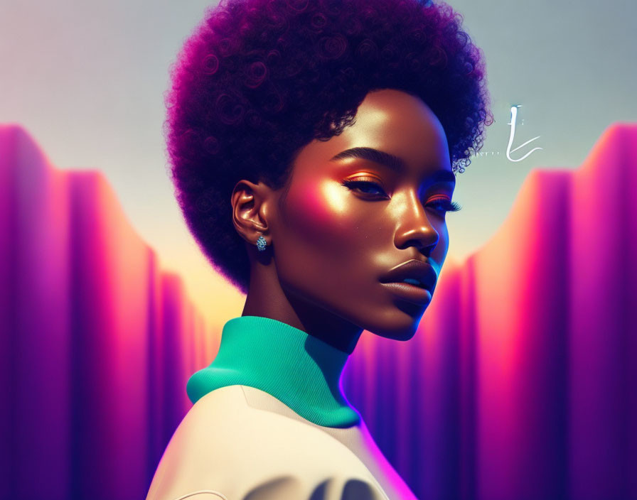 Vibrant digital art portrait of woman with afro at sunset