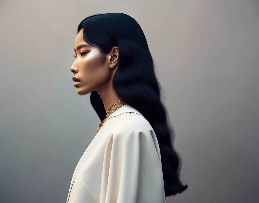 Portrait of woman with dark hair, earrings, cream outfit on neutral backdrop