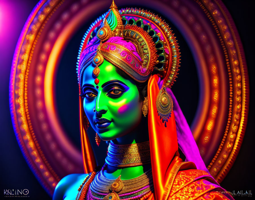 Colorful artistic makeup and jewelry on a person resembling a traditional Indian deity against a glowing halo on a