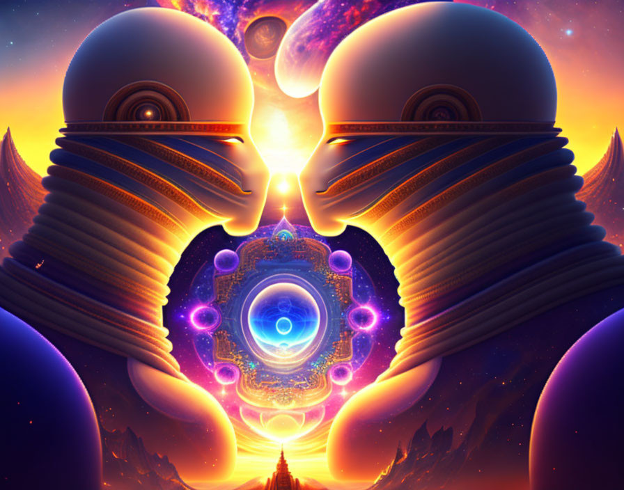 Symmetrical alien figures with cosmic portal under celestial sky