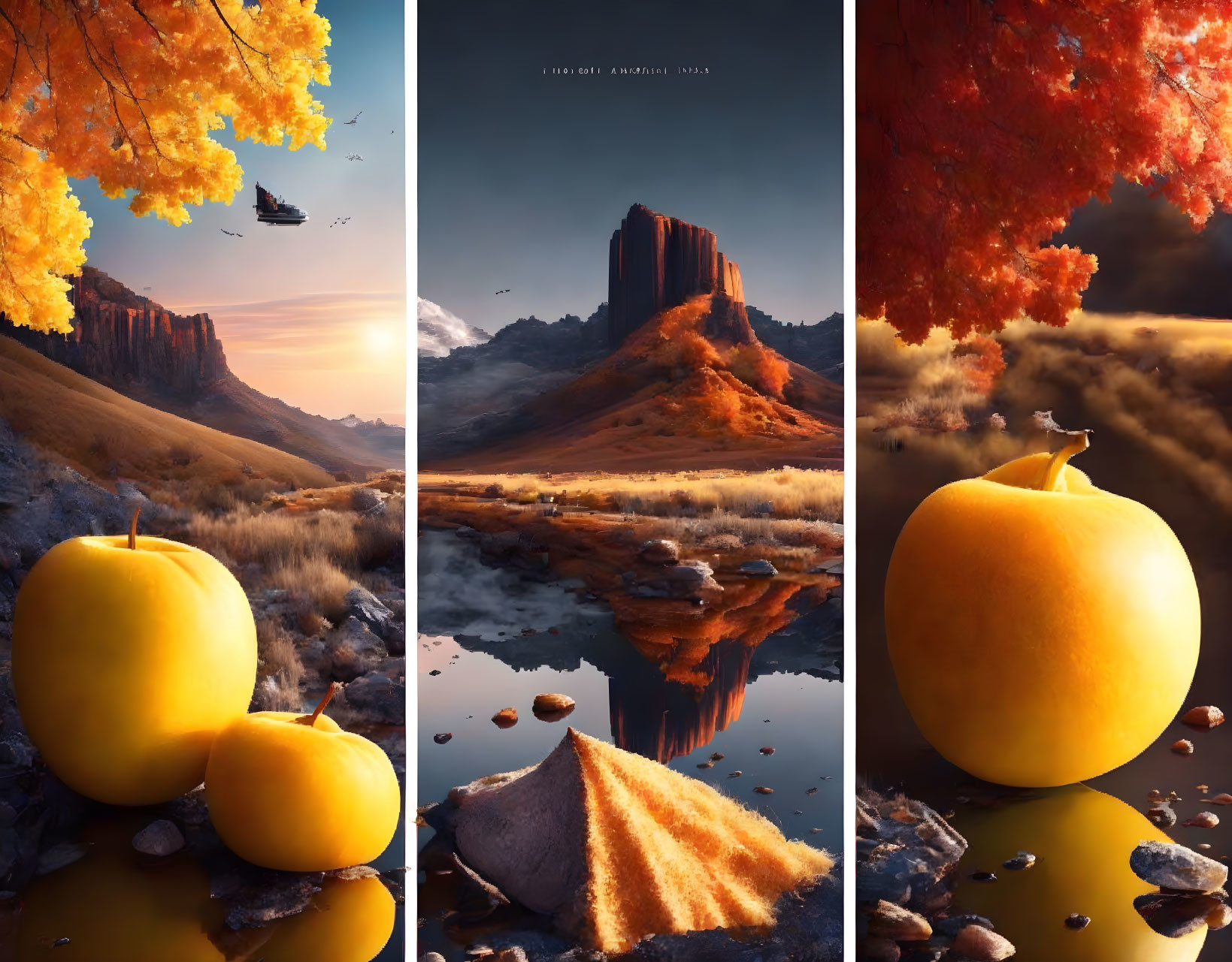 Surreal autumnal scenes: floating landmass, mirrored butte with apples, apple with butterfly