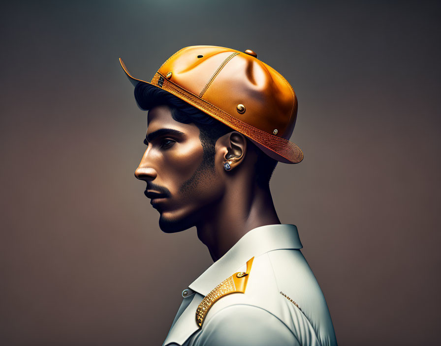 Stylish man in orange helmet and white shirt with gold details on muted backdrop