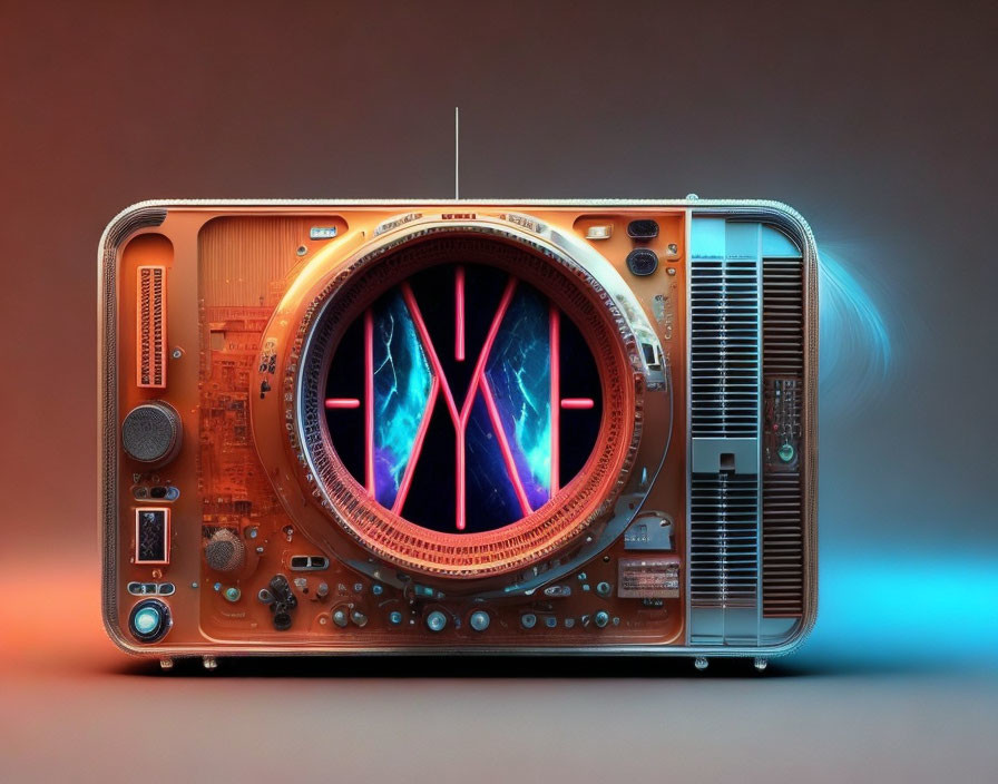 Vintage-style radio with modern plasma speaker design on gradient background