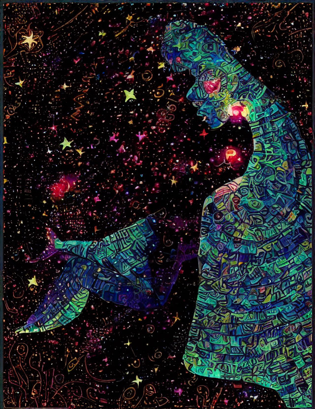 Colorful cosmic illustration of person reading book in starry night sky