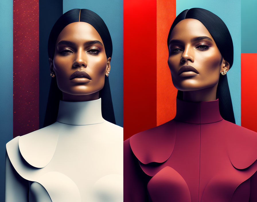 Symmetrical portraits of a woman with sleek hair in contrasting high-neck outfits against split blue and red backdrop