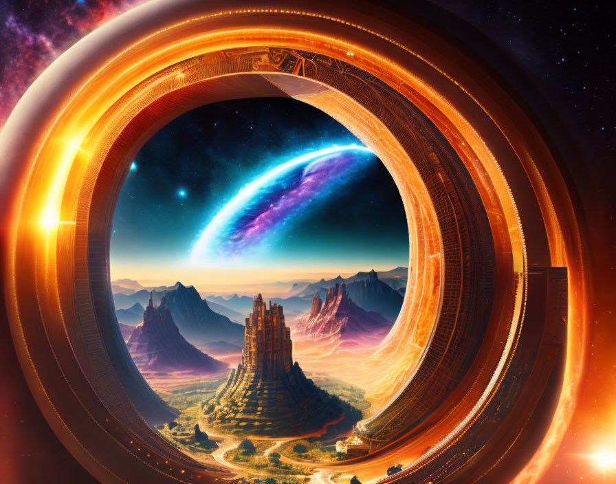 Ring-shaped futuristic structure frames cosmic vista with galaxy in surreal desert landscape.