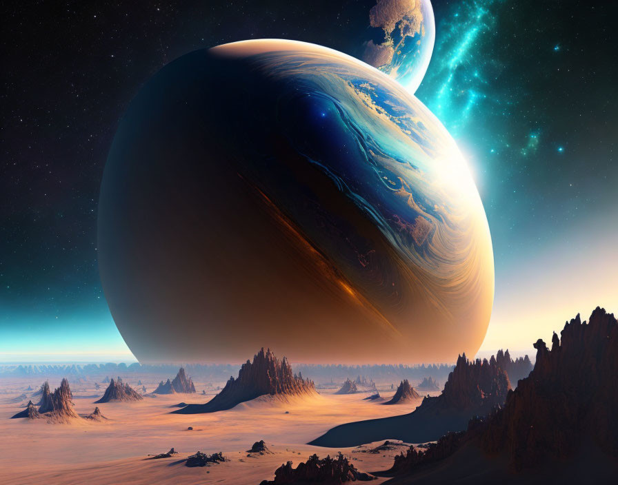 Alien desert landscape with Earth-like planet and starry sky