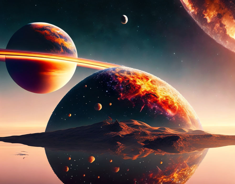 Multiple Planets and Moons in Vibrant Sci-Fi Landscape