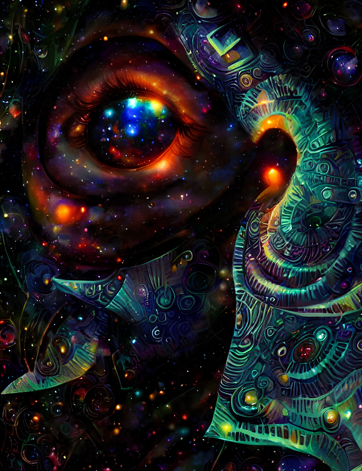 Cosmic-themed digital artwork: Eye with galaxy, abstract patterns, celestial objects