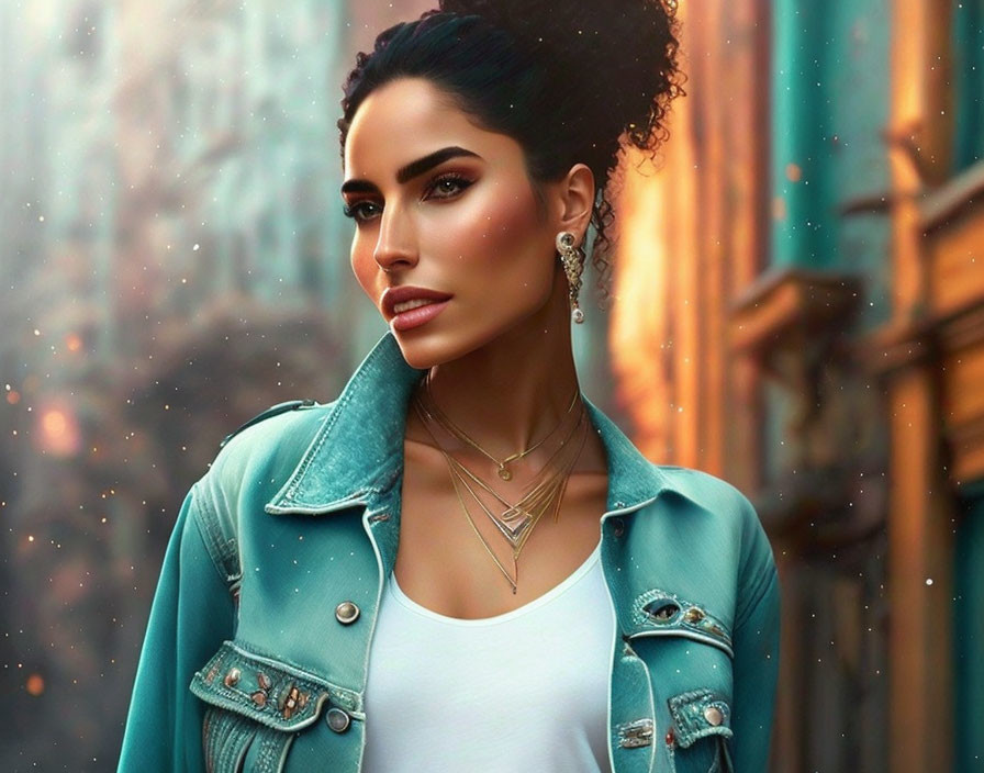 Dark-haired woman in teal denim jacket and layered necklaces against urban backdrop