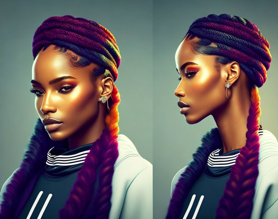 Colorful braided woman with striking makeup and modern earrings on gray background.