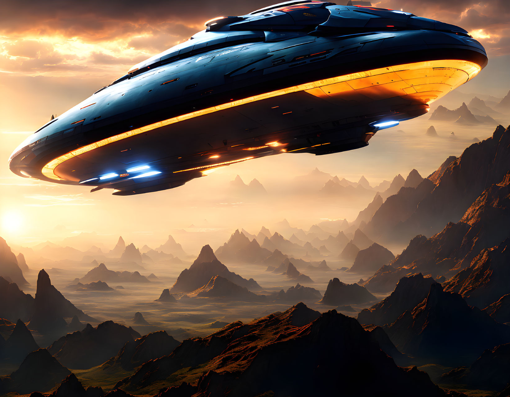 Futuristic spaceship over rugged, mountainous landscape at sunrise.