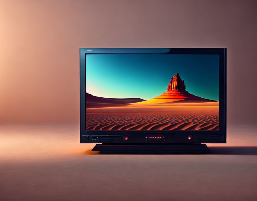 Widescreen TV showing vibrant desert scene with sand dune and rock formation