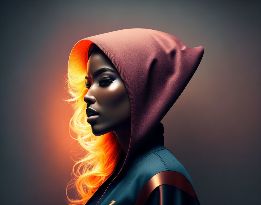 Person in Hood with Striking Orange Backlight and Contemplative Expression