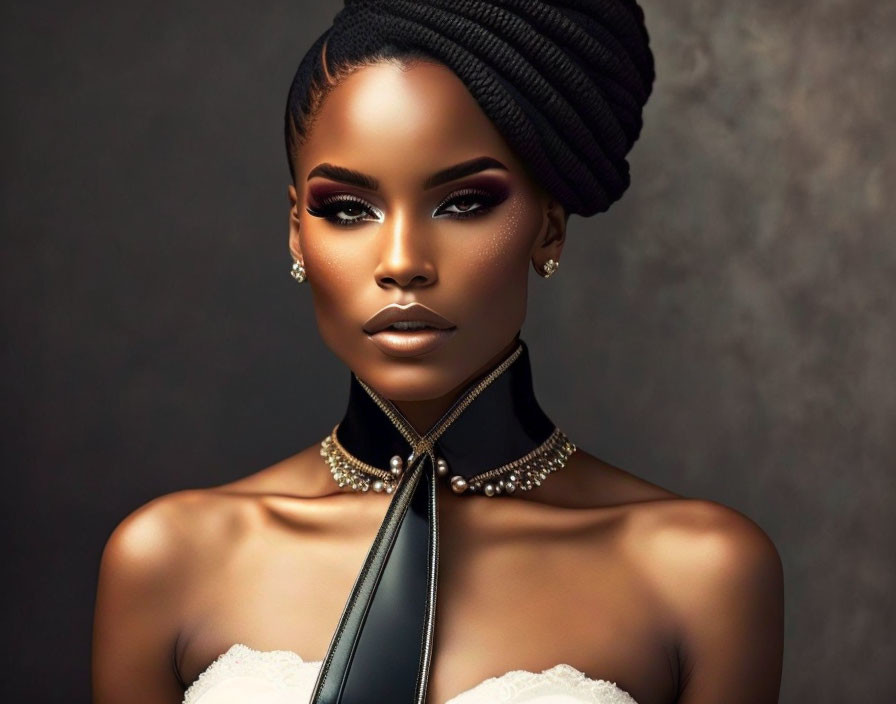 Portrait of Woman with Headwrap, Bold Makeup, and Pearl Choker