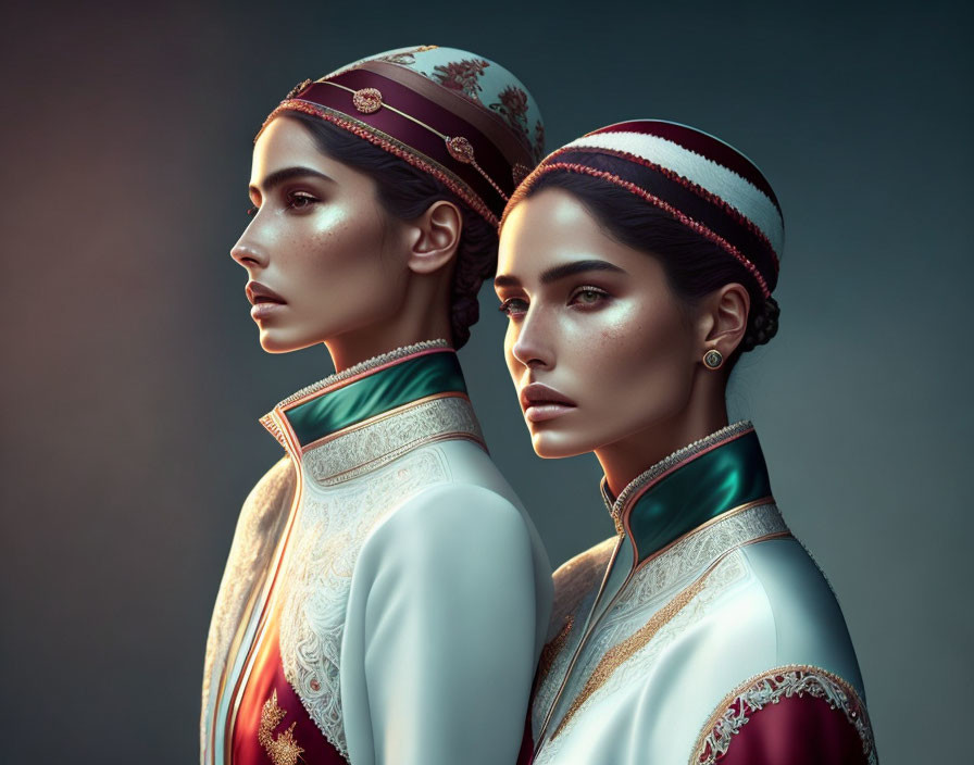 Two Women in Profile with Ornate Headpieces and Traditional Dress Back-to-Back against Moody Background