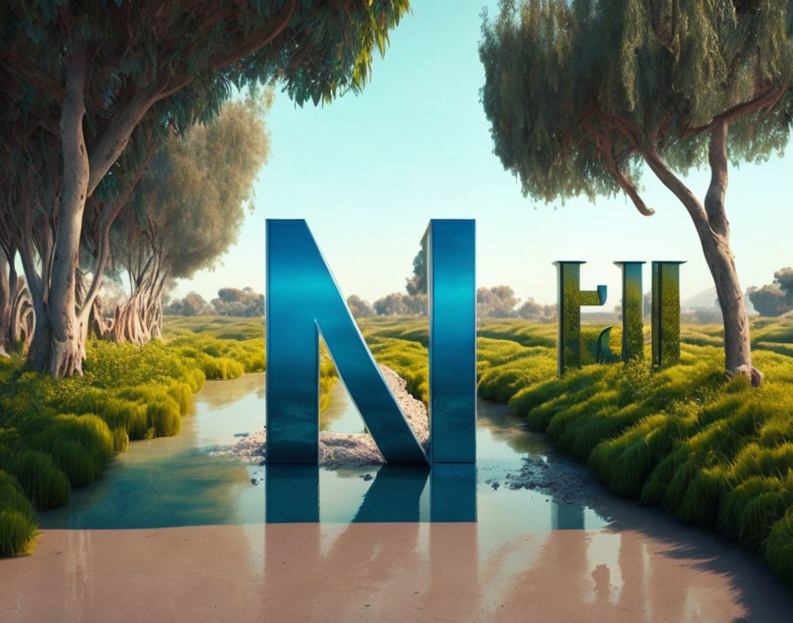 3D Letters "N" and "F" by Reflective Water Stream in Lush Greenery