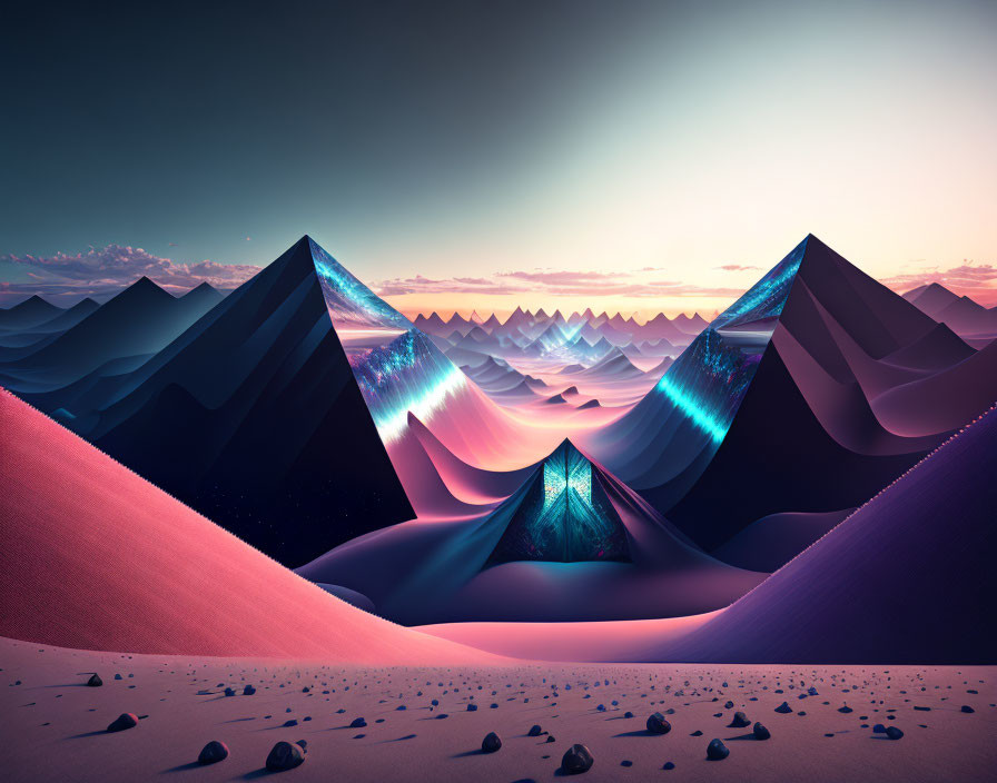 Vibrant neon-lit mountains in surreal desert landscape