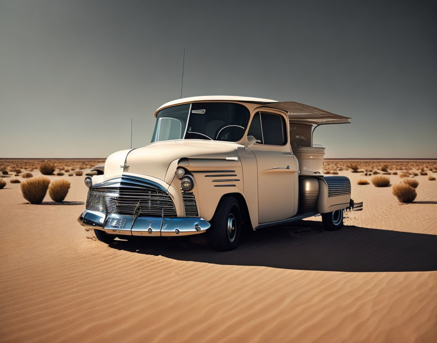 Classic White Pickup Truck in Desert Landscape