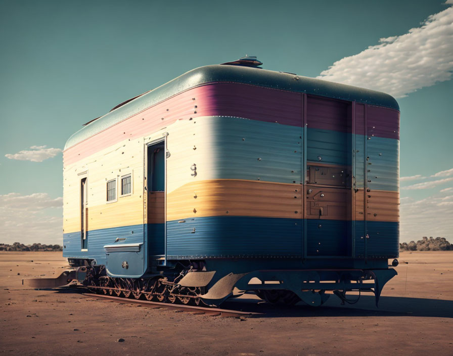 Vintage Train Car in Desert Landscape under Blue Sky