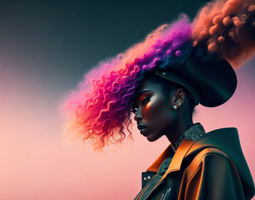 Model with Vibrant Pink and Purple Smoke-Like Hair in Stylish Hat and Leather Jacket