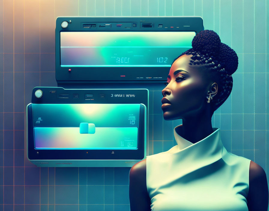 Elaborate updo hairstyle on woman with futuristic digital displays