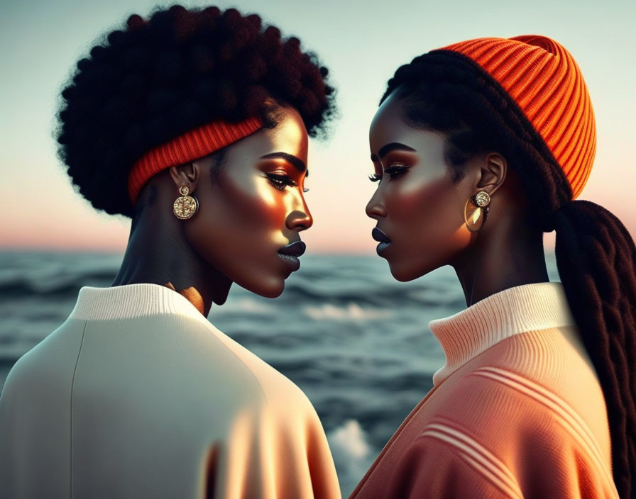 Women with afro and dreadlocks, golden earrings, glowing at sunset by the sea