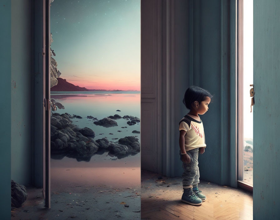 Child in doorway mesmerized by surreal ocean sunset blending with starry night sky