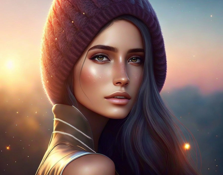 Digital artwork: Woman with long hair in beanie, soft focus background, warm color palette.