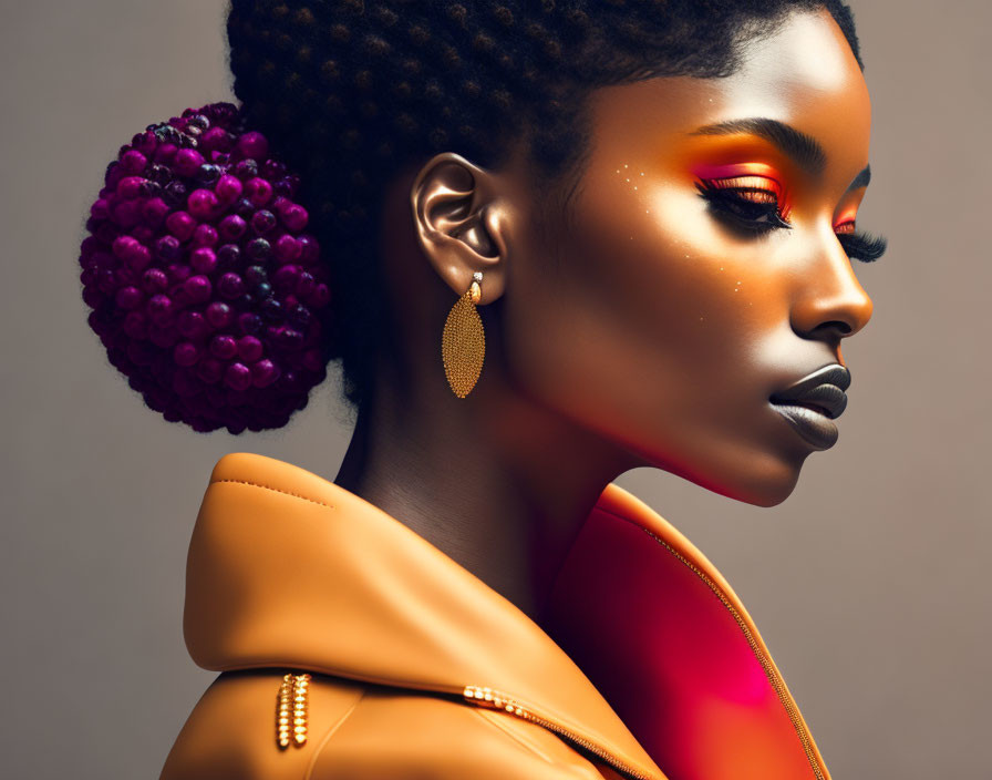 Woman with braids and purple floral hairpiece, red eyeshadow, golden earrings, and orange